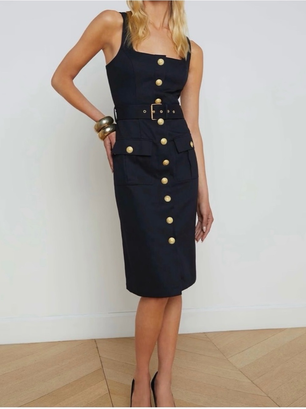 L'AGENCE Black Sleeveless Belted Button-Front Midi Dress with Gold Buttons